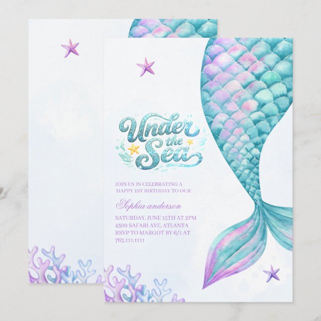 Invitación Cumpleaños número uno de sirena bajo el mar acuare (Anverso / Reverso)