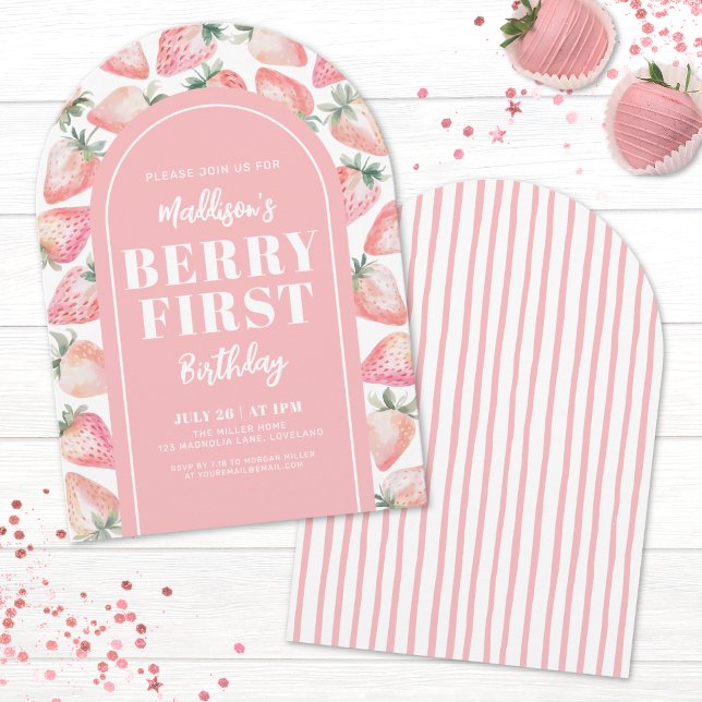 Invitación Cumpleaños número uno de Strawberry Berry (Fresa y (Strawberry Berry First 1st Birthday Party Invitation)