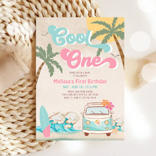 Invitación Cumpleaños número uno de surf rosa menta genial
