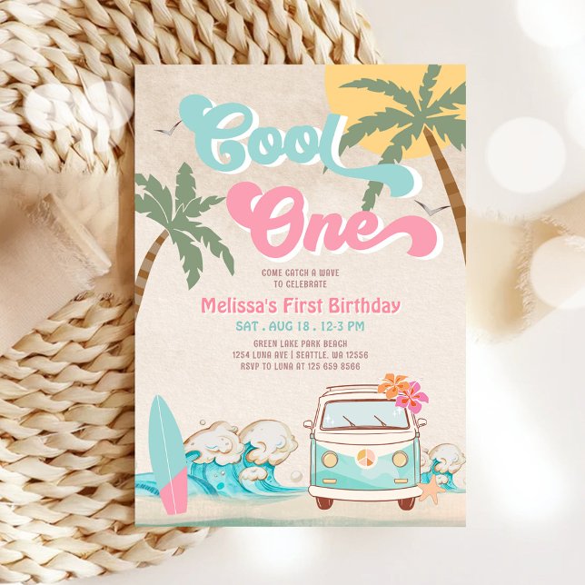 Invitación Cumpleaños número uno de surf rosa menta genial (Subido por el creador)