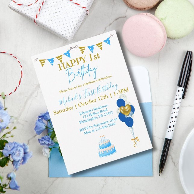 Invitación Cumpleaños número uno de un bebé niño con globos a (Subido por el creador)