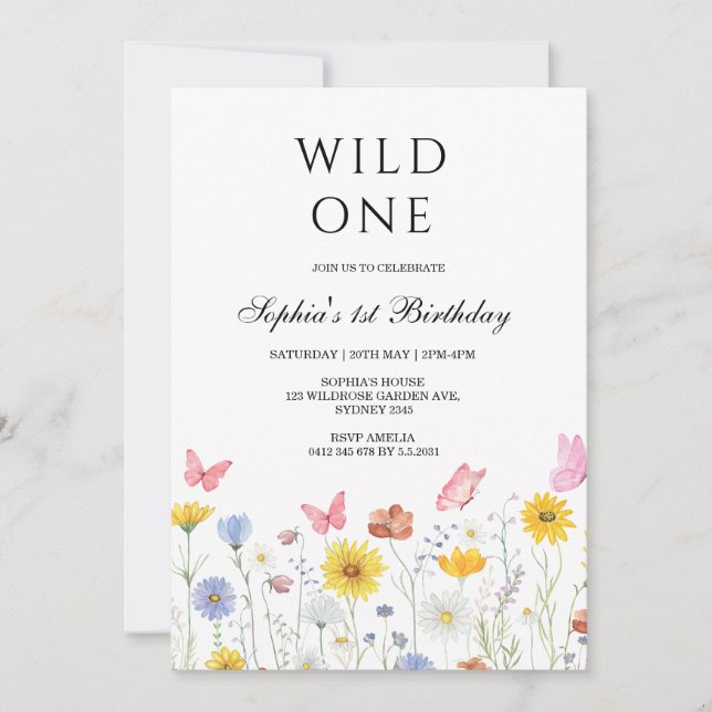 Invitación Cumpleaños número uno de Wild One Floral Butterfly (Anverso)