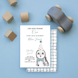 Invitación Cumpleaños número uno del niño búho negro y blanco