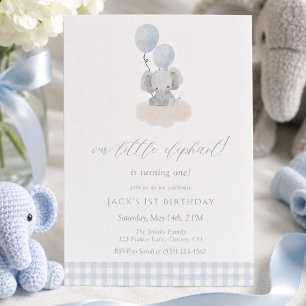 Invitación Cumpleaños número uno del niño elefante de gingham