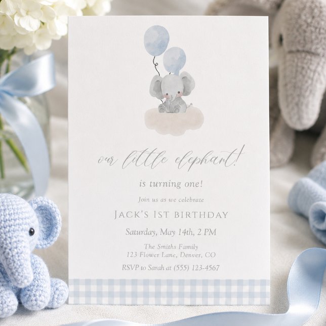 Invitación Cumpleaños número uno del niño elefante de gingham (Subido por el creador)