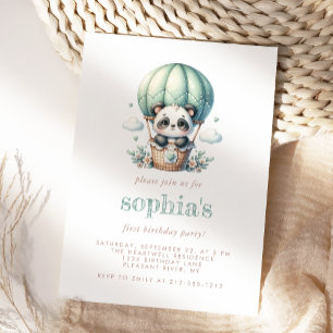 Invitación Cumpleaños Número Uno Globo de Panda en Acuarela V