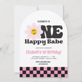 Invitación Cumpleaños número uno retro rosa de una bebé feliz