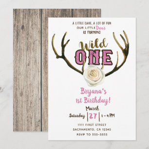 Invitación Cumpleaños número uno temática ciervo cuernos rosa