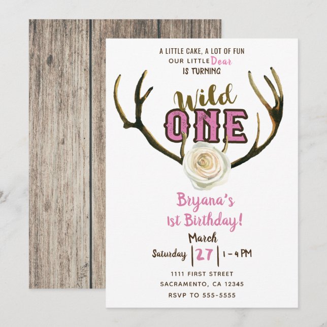 Invitación Cumpleaños número uno temática ciervo cuernos rosa (Anverso / Reverso)