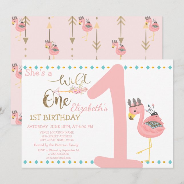 Invitación Cumpleaños número uno Wild One, Flechas, Flamenco  (Anverso / Reverso)