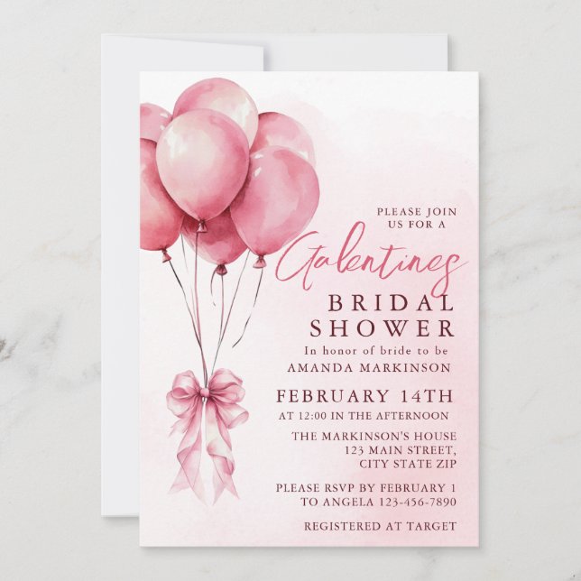 Invitación Cumpleaños Nupcial Galentines con Globo Rosa Acuar (Anverso)