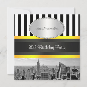 Invitación Cumpleaños NY Ciudad Silueta BW Blk Wht Strp Amari