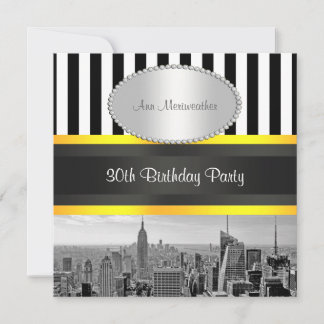 Invitación Cumpleaños NY Ciudad Silueta BW Blk Wht Strp Amari