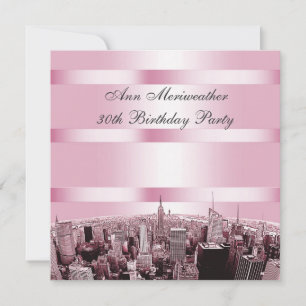 Invitación Cumpleaños NYC Etched Skyline 2 Rosa Negro