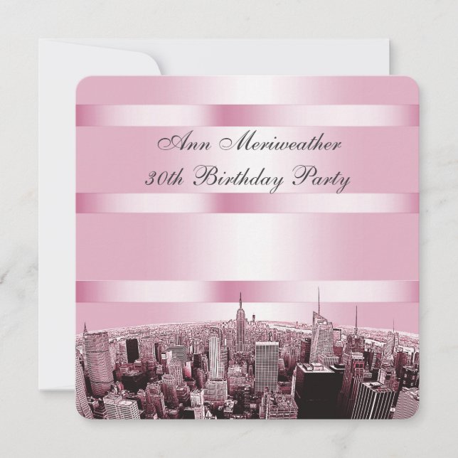 Invitación Cumpleaños NYC Etched Skyline 2 Rosa Negro (Anverso)