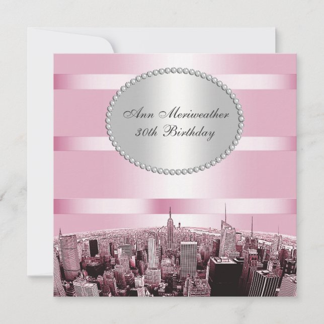 Invitación Cumpleaños NYC Etched Skyline 2A Rosa Negro (Anverso)