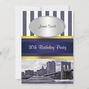 Invitación Cumpleaños NYC Skyline Brooklyn Bridge Boat Blue W