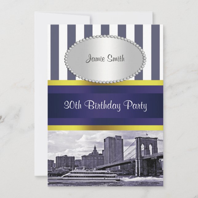 Invitación Cumpleaños NYC Skyline Brooklyn Bridge Boat Blue W (Anverso)