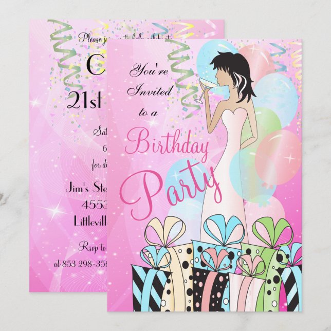 Invitación Cumpleaños o Fiesta de Soltera Diva Princesa Chica (Anverso / Reverso)