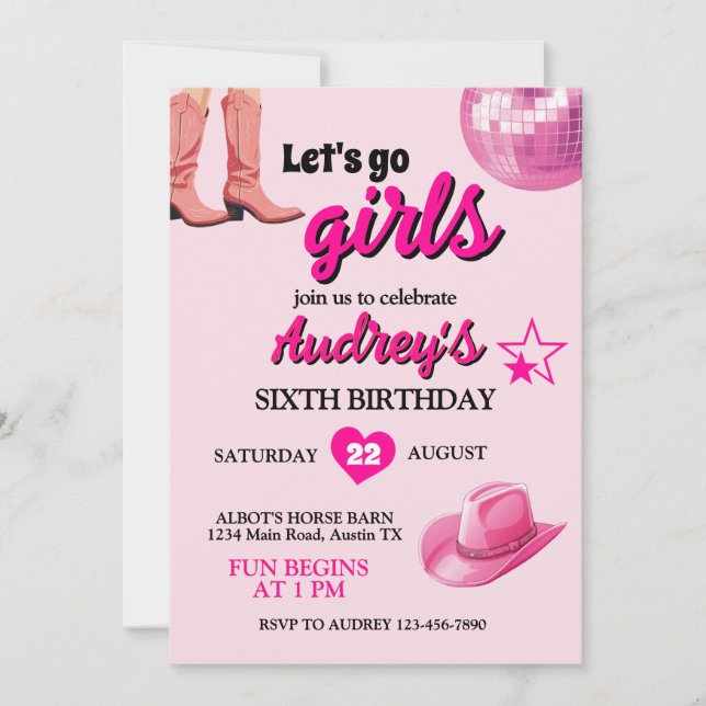 Invitación Cumpleaños occidental de chicas rosadas bonitas va (Anverso)
