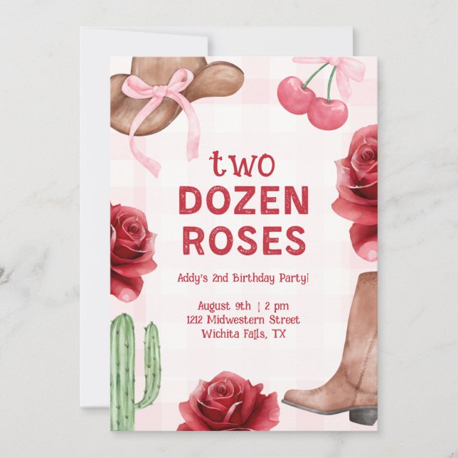 Invitación Cumpleaños occidental de dos docenas de rosas de n (Anverso)