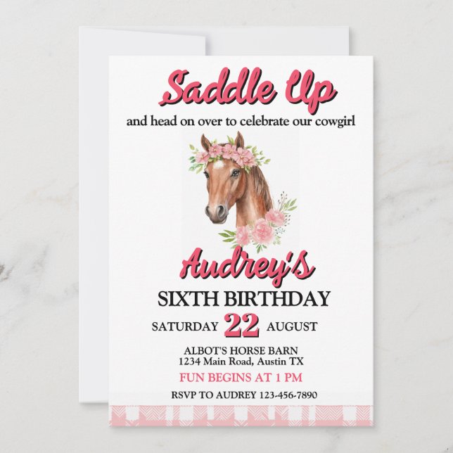 Invitación Cumpleaños Occidental de Saddle Up Chicas (Anverso)