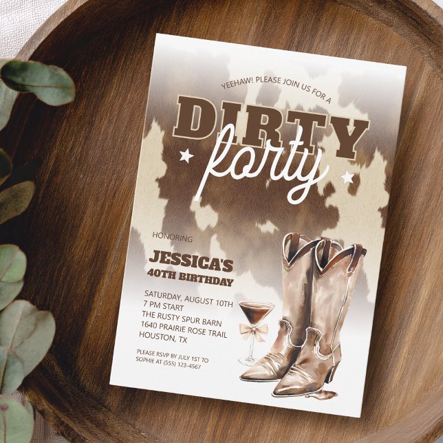 Invitación Cumpleaños occidental de vaquera cuarenta sucio (Dirty Forty Cowgirl Western 40th Birthday Party Invitation)