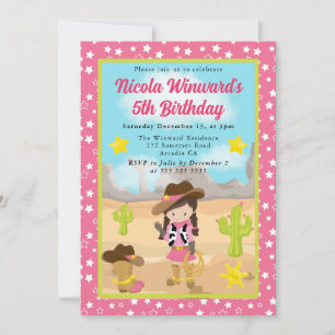 Invitación Cumpleaños occidental de vaquera de pelo castaño p