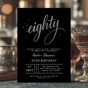Invitación Cumpleaños ochenta 80 elegante negro y plata