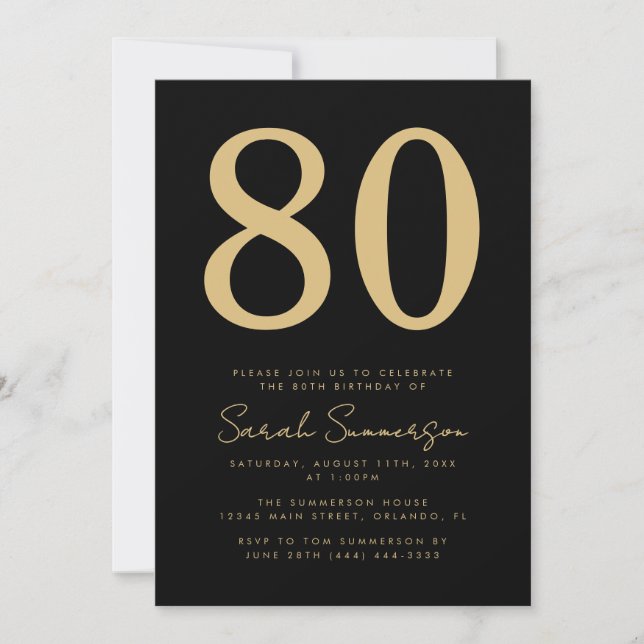 Invitación Cumpleaños ochenta 80 Moderno Script Negro Oro (Anverso)