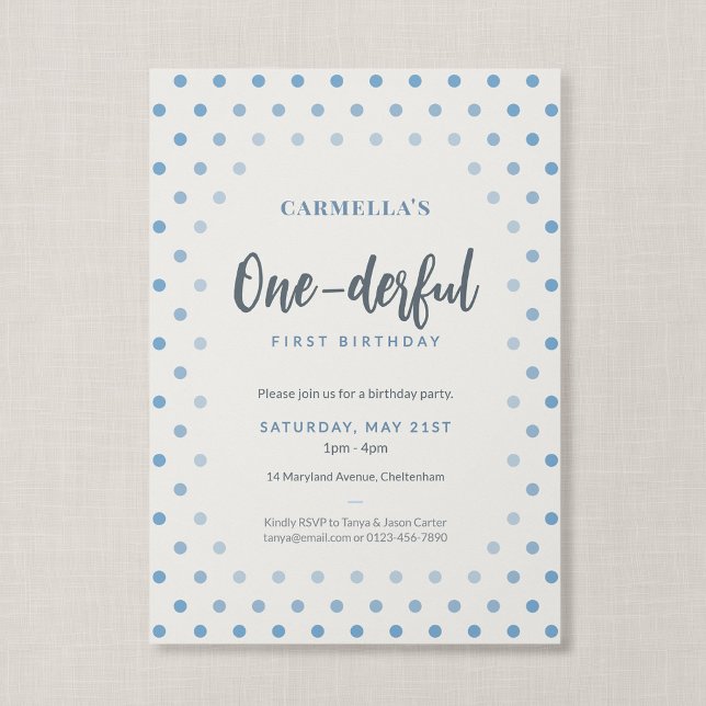 Invitación Cumpleaños Onederful de lunares azules franceses ( Blue Polka Dot - One-derful First Birthday Invitation, Front)
