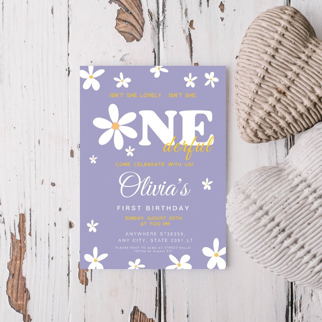 Invitación Cumpleaños Onederful de margarita morada 1er (Subido por el creador)