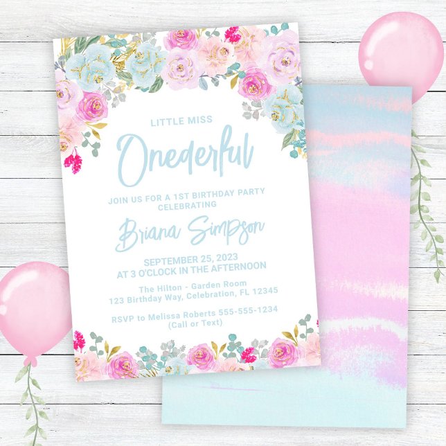 Invitación Cumpleaños Onederful Floral Rosa Azul Melocotón (Subido por el creador)