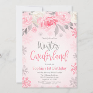 Invitación Cumpleaños ONEderland Floral Gris Rosa de Invierno