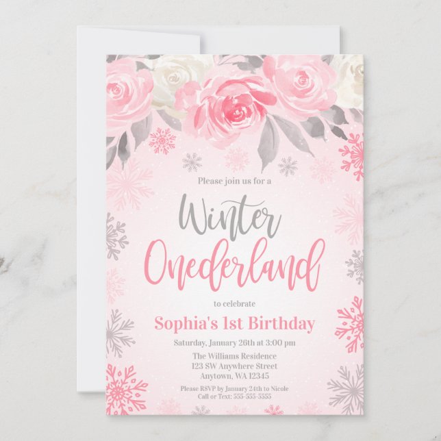Invitación Cumpleaños ONEderland Floral Gris Rosa de Invierno (Anverso)
