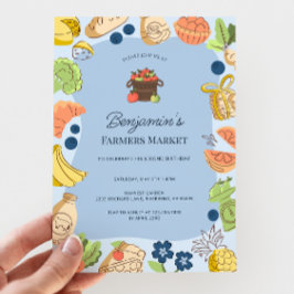 Invitación Cumpleaños Orgánico Granja Fresca Mercado Azul