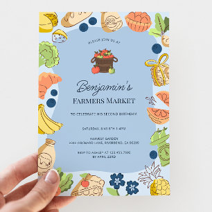 Invitación Cumpleaños Orgánico Granja Fresca Mercado Azul