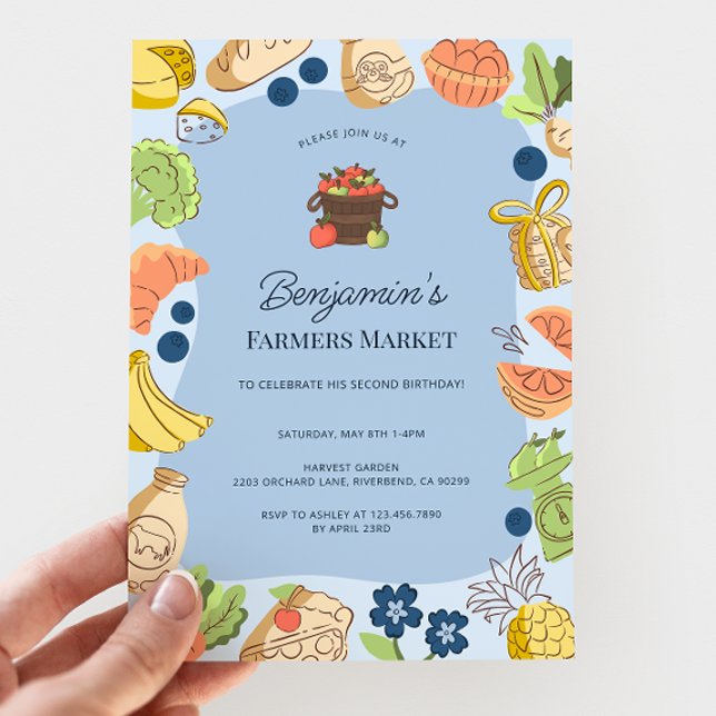 Invitación Cumpleaños Orgánico Granja Fresca Mercado Azul (Subido por el creador)