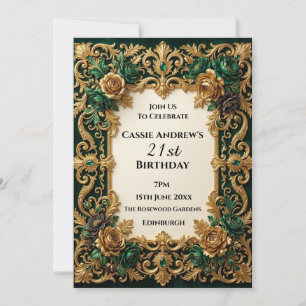 Invitación Cumpleaños Ornamentado Verde Dorado Jubileo