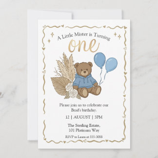 Invitación Cumpleaños Osito Boho Marrón Globos Azules