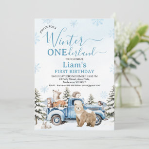 Invitación Cumpleaños Oso Camión Azul Rústico Invierno Oneder
