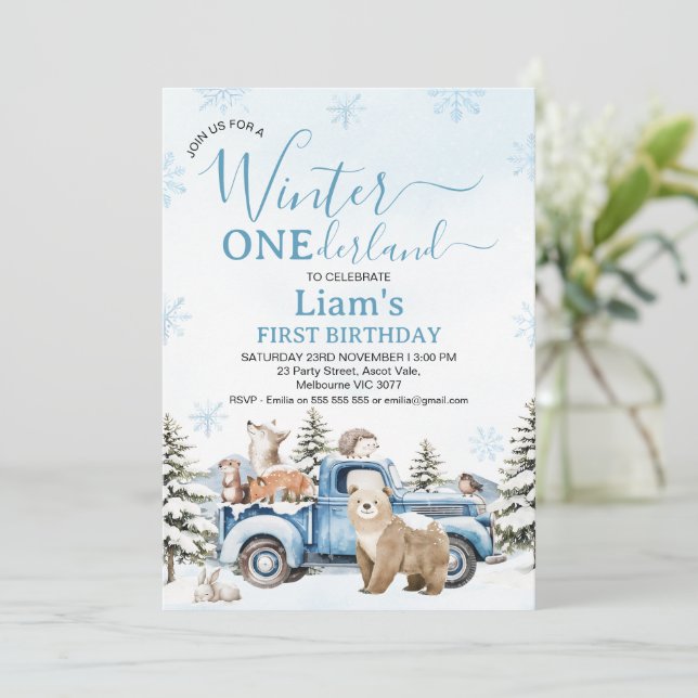 Invitación Cumpleaños Oso Camión Azul Rústico Invierno Oneder (Anverso de pie)