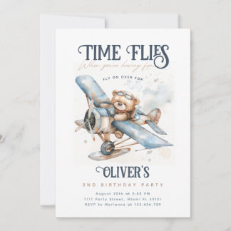 Invitación Cumpleaños Oso de Peluche Avión Vintage El Tiempo