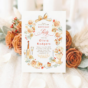 Invitación Cumpleaños Otoñal Coquette Floral Caprichoso Dibuj