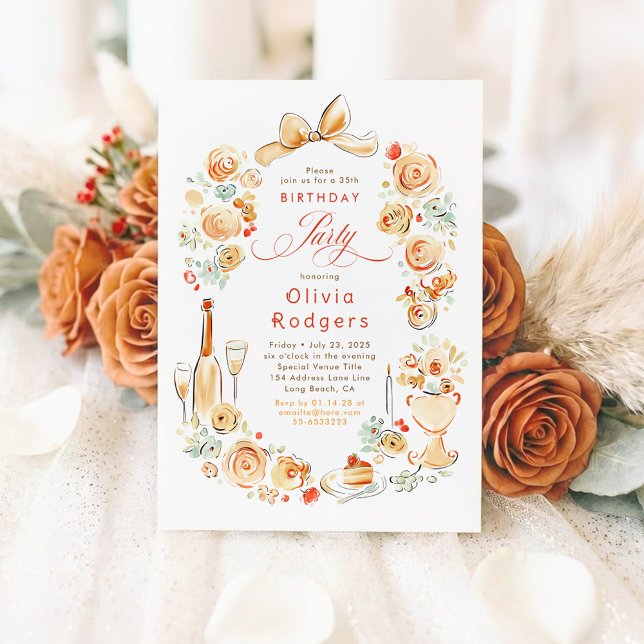Invitación Cumpleaños Otoñal Coquette Floral Caprichoso Dibuj (Terracotta Whimsical Hand-illustrated Fall Birthday Invitations)