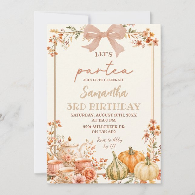 Invitación Cumpleaños Otoño Coquette Let's ParTea (Anverso)