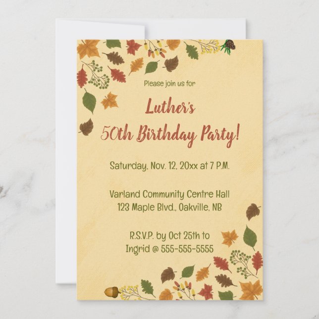 Invitación Cumpleaños Otoño editable (Anverso)