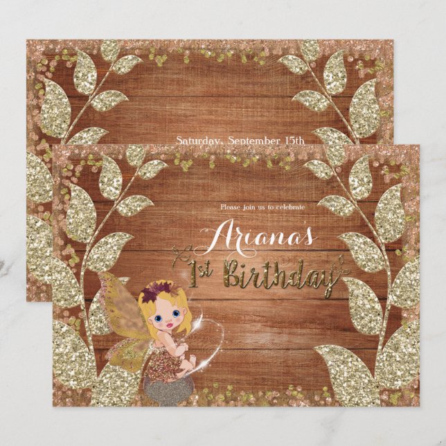 Invitación Cumpleaños Otoño Glam Rústico Hadas y Hojas Brilla (Anverso / Reverso)