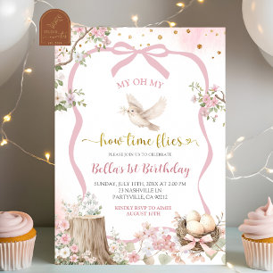 Invitación cumpleaños pajarito primavera rosa rubor coqueta 