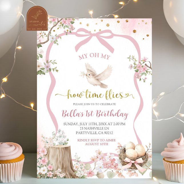Invitación cumpleaños pajarito primavera rosa rubor coqueta  (Subido por el creador)